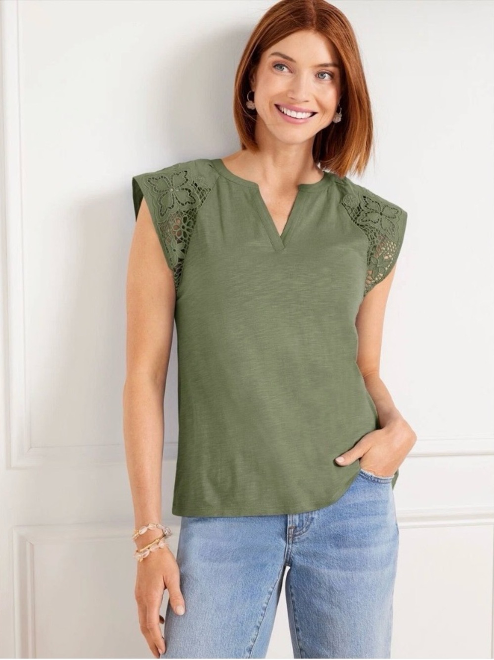 Talbots Olive Eyelet Sleeve Tank Top